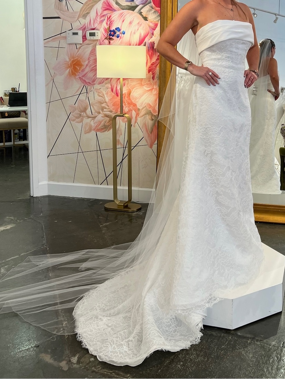 Strapless White Lace Wedding Dress with Sheer Train